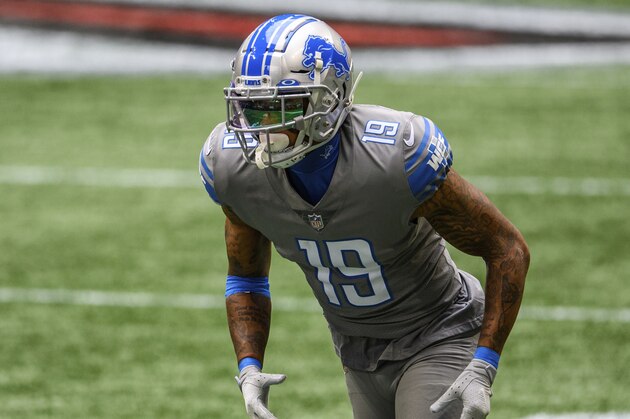 Detroit Lions wide receiver Kenny Golladay (19) works against the Atlanta Falcons during the first half of an NFL football game, Sunday, Oct. 25, 2020, in Atlanta. The Detroit Lions won 23-22. (AP Photo/Danny Karnik)