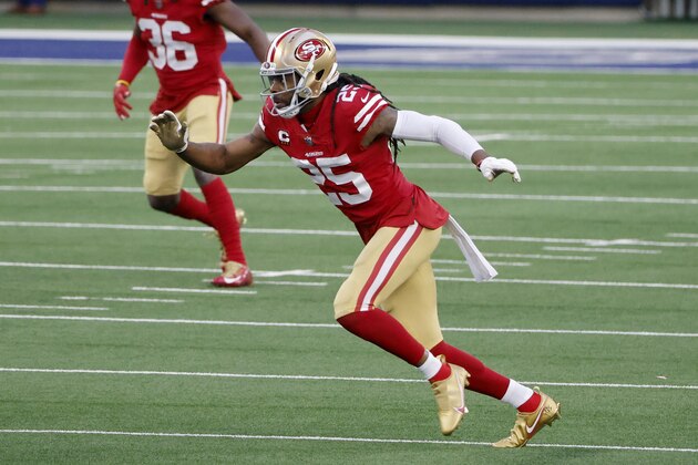 San Francisco 49ers cornerback Richard Sherman (25) defends against the Dallas Cowboys during an NFL football game in Arlington, Texas, Sunday, Dec. 20, 2020. (AP Photo/Michael Ainsworth)