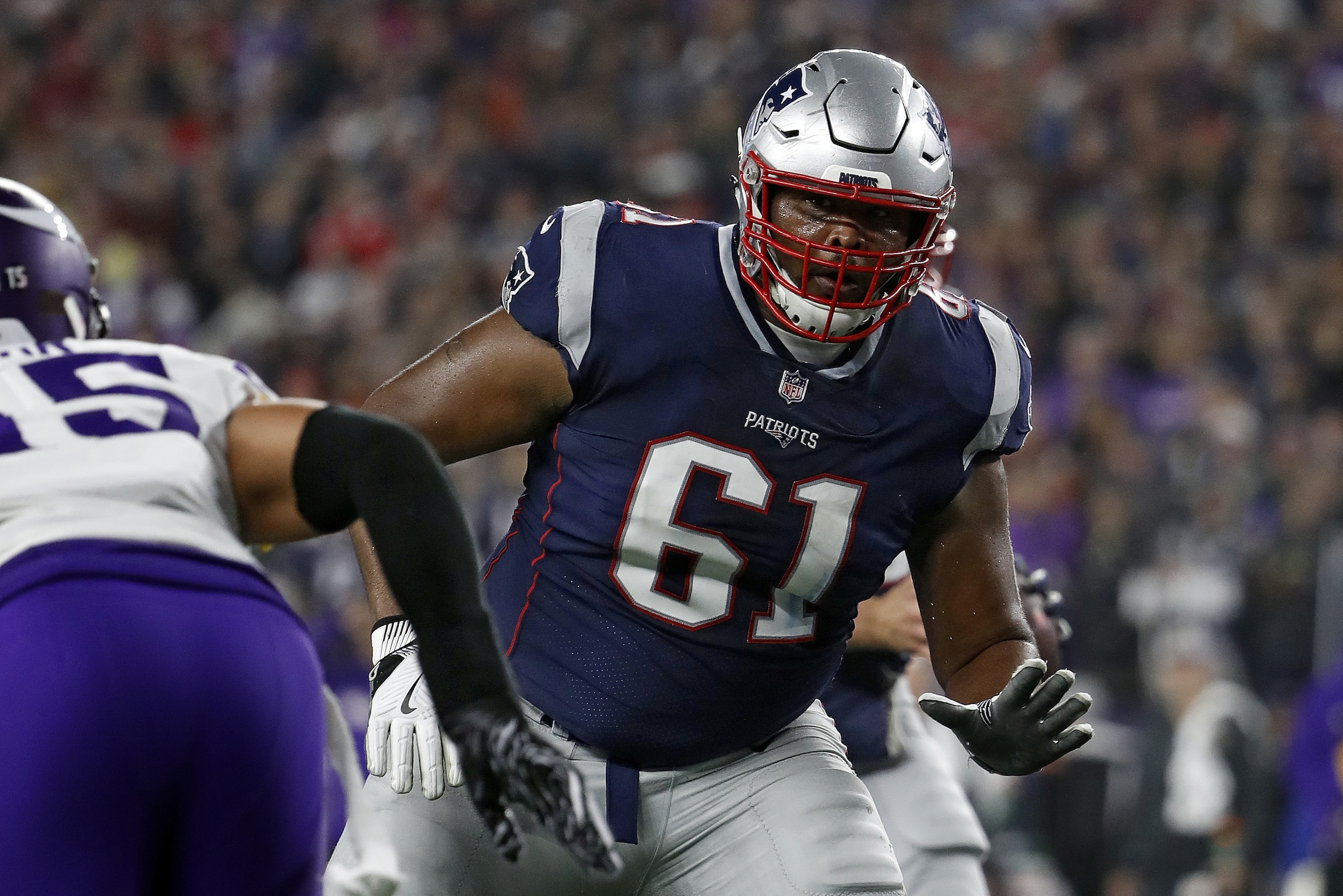 New England Patriots offensive tackle Marcus Cannon blocks against the Minnesota Vikings during an NFL football game at Gillette Stadium, Sunday, Dec. 2, 2018 in Foxborough, Mass. (Winslow Townson/AP Images for Panini)