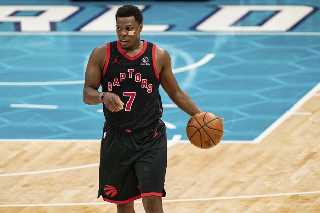 Toronto Raptors guard Kyle Lowry (7) brings the ball up court against the Charlotte Hornets during the second half of an NBA basketball game in Charlotte, N.C., Saturday, March 13, 2021. (AP Photo/Jacob Kupferman)