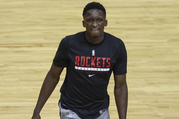 Houston Rockets guard Victor Oladipo (7) walks on the court before a game against the Memphis Grizzlies in Houston, Sunday, Feb. 28, 2021. (Troy Taormina/Pool Photo via AP)