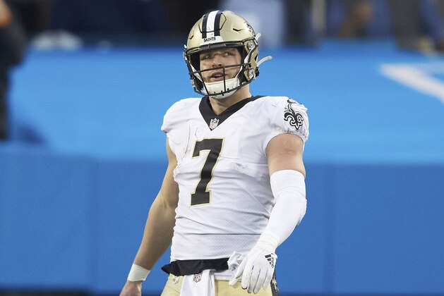 New Orleans Saints quarterback Taysom Hill (7) during an NFL football game against the New Orleans Saints, Sunday, Jan. 3, 2021, in Charlotte, N.C. (AP Photo/Brian Westerholt)