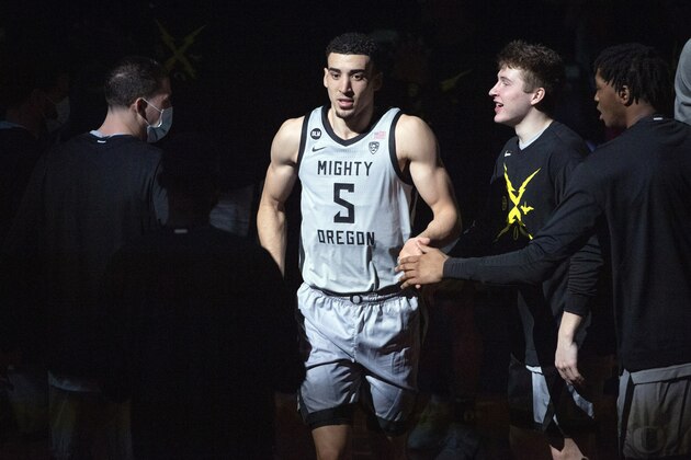 Oregon guard Chris Duarte (5) is introduced before an NCAA college basketball game Wedesday, March 3, 2021, in Eugene, Ore. (AP Photo/Andy Nelson)