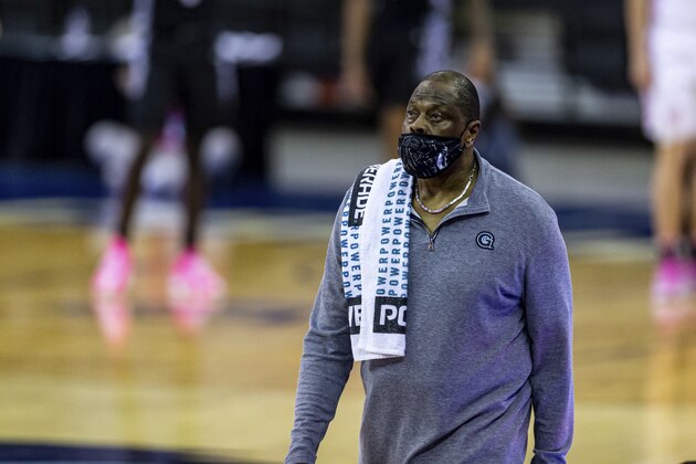 Georgetown head coach Patrick Ewing walking on the sideline against Creighton during an NCAA college basketball game Wednesday, Feb. 3, 2021, in Omaha, Neb. (AP Photo/John Peterson)