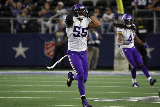 Minnesota Vikings linebacker Anthony Barr reacts after a play during the first half of an NFL football game against the Dallas Cowboys in Arlington, Texas, Sunday, Nov. 10, 2019. (AP Photo/Roger Steinman)