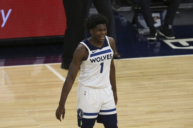 Minnesota Timberwolves's Anthony Edwards (1) on court in the first half of an NBA basketball game against the Phoenix Suns, Sunday, Feb. 28, 2021, in Minneapolis. (AP Photo/Stacy Bengs)
