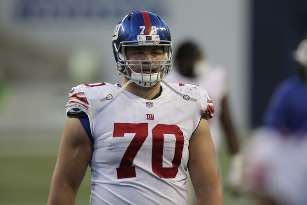 New York Giants offensive guard Kevin Zeitler walks off the field against the Seattle Seahawks in an NFL football game, Sunday, Dec. 6, 2020, in Seattle. (AP Photo/Larry Maurer)