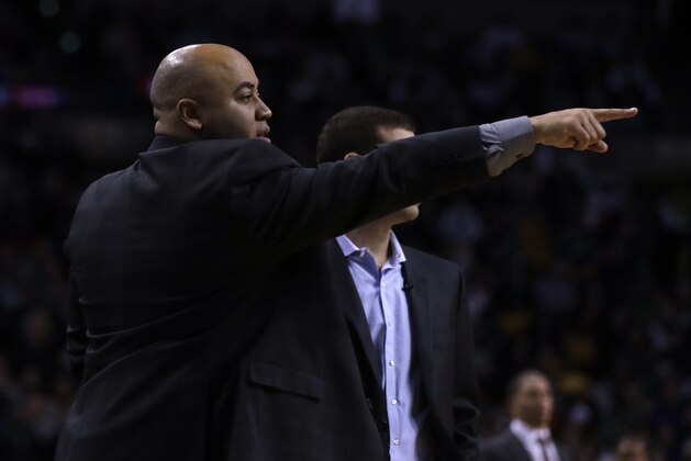 Boston Celtics assistant coach Micah Shrewsberry gestures to players during the second quarter of an NBA basketball game in Boston, Wednesday, Jan. 3, 2018. (AP Photo/Charles Krupa)