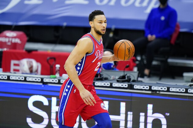 Philadelphia 76ers' Ben Simmons plays during an NBA basketball game against the Utah Jazz, Wednesday, March 3, 2021, in Philadelphia. (AP Photo/Matt Slocum)