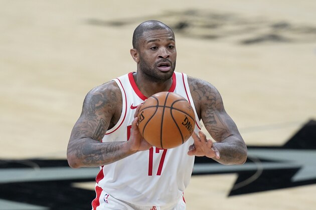 Houston Rockets forward P.J. Tucker (17) during the first half of an NBA basketball game against the San Antonio Spurs in San Antonio, Thursday, Jan. 14, 2021. (AP Photo/Eric Gay)