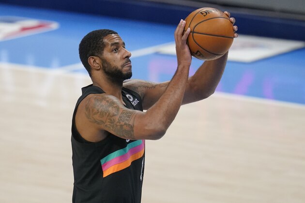 San Antonio Spurs center LaMarcus Aldridge (12) during an NBA basketball game against the Oklahoma City Thunder, Wednesday, Feb. 24, 2021, in Oklahoma City. (AP Photo/Sue Ogrocki)