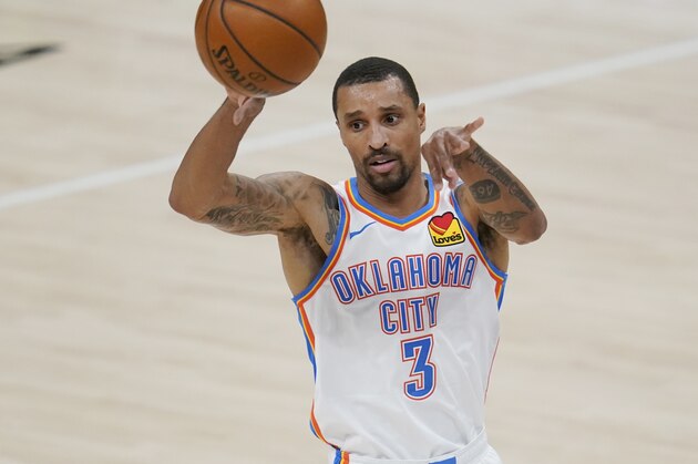 Oklahoma City Thunder guard George Hill (3) during an NBA basketball game against the Chicago Bulls, Friday, Jan. 15, 2021, in Oklahoma City. (AP Photo/Sue Ogrocki)