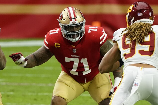 San Francisco 49ers offensive tackle Trent Williams (71) during an NFL football game against the Washington Football Team, Sunday, Dec. 13, 2020, in Glendale, Ariz. (AP Photo/Rick Scuteri)