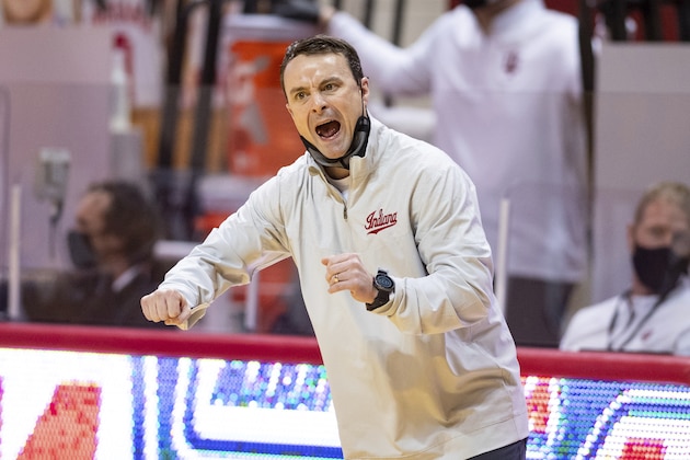 Indiana head coach Archie Miller reacts to the action on the court during the first half of an NCAA college basketball game against Michigan, Saturday, Feb. 27, 2021, in Bloomington, Ind. (AP Photo/Doug McSchooler)