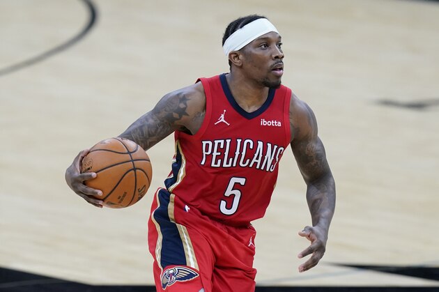 New Orleans Pelicans guard Eric Bledsoe (5) during the second half of an NBA basketball game against the San Antonio Spurs in San Antonio, Saturday, Feb. 27, 2021. (AP Photo/Eric Gay)