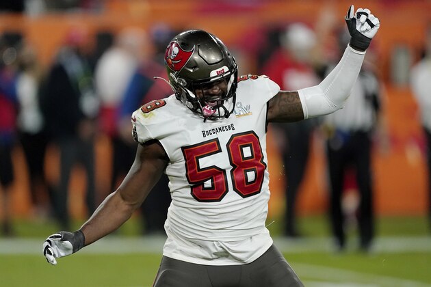 Tampa Bay Buccaneers outside linebacker Shaquil Barrett (58) reacts after a play during the second half of the NFL Super Bowl 55 football game against the Kansas City Chiefs, Sunday, Feb. 7, 2021, in Tampa, Fla. The Tampa Bay Buccaneers defeated the Kansas City Chiefs 31-9. (AP Photo/Steve Luciano)