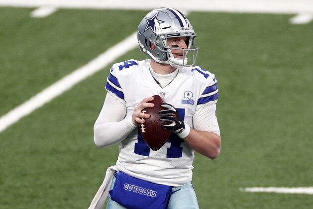 Dallas Cowboys quarterback Andy Dalton (14) in action during an NFL football game against the New York Giants, Sunday, Jan. 3, 2021, in East Rutherford, N.J. (AP Photo/Adam Hunger)
