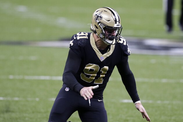 New Orleans Saints defensive end Trey Hendrickson (91) runs of the line in the second half of an NFL football game against the San Francisco 49ers in New Orleans, Sunday, Nov. 15, 2020. (AP Photo/Butch Dill)