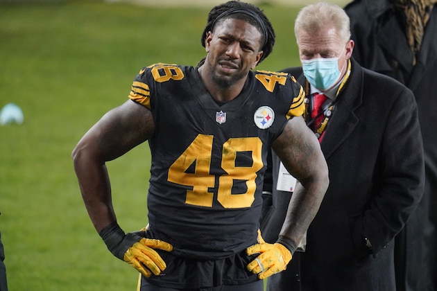 Pittsburgh Steelers outside linebacker Bud Dupree grimaces as walks on the sideline after being injured playing against the Baltimore Ravens during an NFL football game Wednesday, Dec. 2, 2020, in Pittsburgh. The Steelers won 19-14. (AP Photo/Gene J. Puskar)