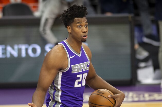 Sacramento Kings center Hassan Whiteside (20) reacts to a call during the second half of an NBA basketball game against the Denver Nuggets in Sacramento, Calif., Tuesday, Dec. 29, 2020. (AP Photo/Hector Amezcua)
