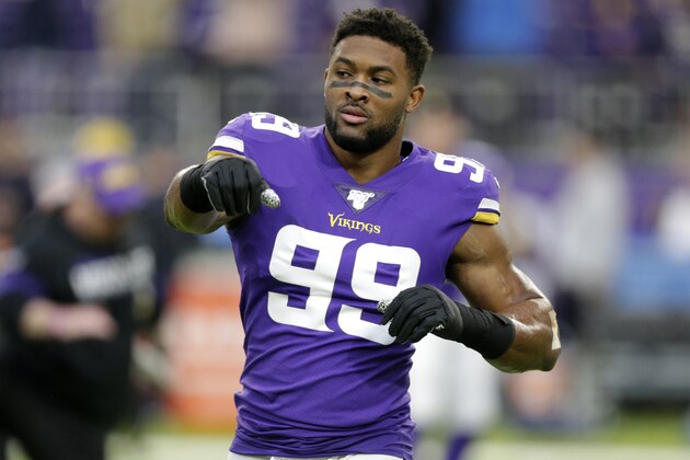 FILE - In this Dec. 29, 2019, file photo, Minnesota Vikings defensive end Danielle Hunter warms up before the team's NFL football game against the Chicago Bears in Minneapolis. Hunter does not appear close to returning to the team. Coach Mike Zimmer said the two-time Pro Bowl pick was in New York for a second medical opinion on his reported neck injury. Hunter was placed on injured reserve Sept. 9. (AP Photo/Andy Clayton-King, File)
