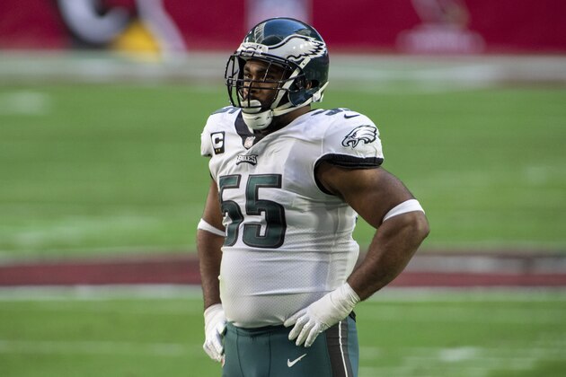 Philadelphia Eagles defensive end Brandon Graham (55) stands on the field during an NFL football game against the Arizona Cardinals, Sunday, Dec. 20, 2020, in Glendale, Ariz. (AP Photo/Jennifer Stewart)