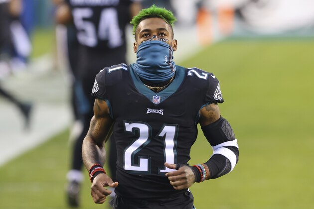 Philadelphia Eagles' Jalen Mills (21) wears a FOCO mask before an NFL football game against the New Orleans Saints, Sunday, Dec. 13, 2020, in Philadelphia. (AP Photo/Rich Schultz)