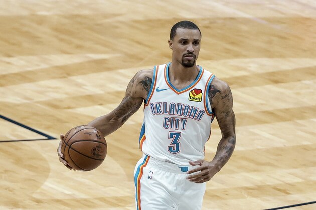 Oklahoma City Thunder guard George Hill (3) in the first quarter of an NBA basketball game against the New Orleans Pelicans in New Orleans, Wednesday, Jan. 6, 2021. (AP Photo/Derick Hingle)
