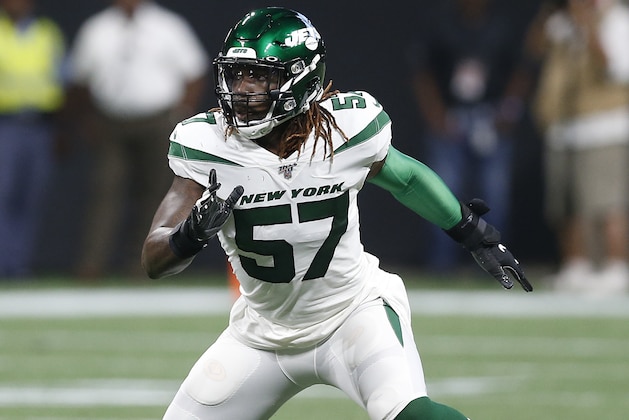 New York Jets linebacker C.J. Mosley (57) runs in a preseason NFL football game against the Atlanta Falcons, Thursday, Aug. 15, 2019 in Atlanta. (Michael Zarrilli/AP Images for Panini, via AP)