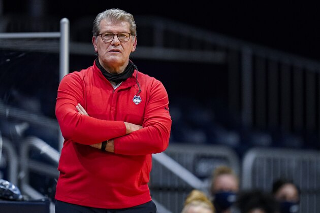 Connecticut head coach Geno Auriemma during the first quarter of an NCAA college basketball game against Butler in Indianapolis, Saturday, Feb. 27, 2021. (AP Photo/Michael Conroy)