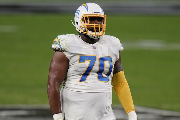 Los Angeles Chargers guard Trai Turner #70 lines up during the third quarter against the Las Vegas Raiders in an NFL football game, Sunday, Dec. 13, 2020, in Las Vegas. (AP Photo/Jeff Bottari)