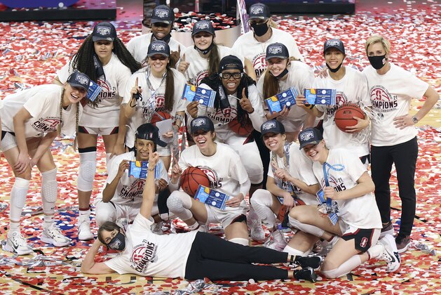 Stanford celebrates after defeating UCLA in an NCAA college basketball game in the Pac-12 women's tournament championship Sunday, March 7, 2021, in Las Vegas. (AP Photo/Isaac Brekken)