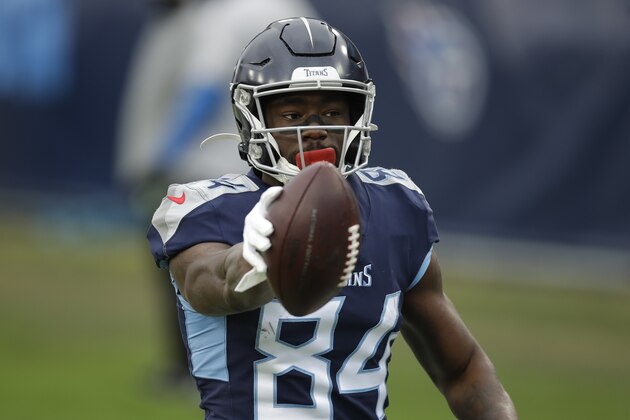 Tennessee Titans wide receiver Corey Davis celebrates after scoring against the Detroit Lions during the first half of an NFL football game Sunday, Dec. 20, 2020, in Nashville, N.C. (AP Photo/Ben Margot)