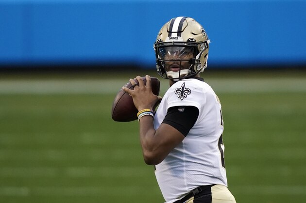 New Orleans Saints quarterback Jameis Winston (2) passes during an NFL football game against the Carolina Panthers in Charlotte, N.C., Sunday, Jan. 3, 2021. (AP Photo/Gerry Broome)