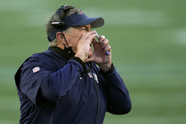 New England Patriots head coach Bill Belichick shouts instructions from the sideline in the second half of an NFL football game against the Arizona Cardinals, Sunday, Nov. 29, 2020, in Foxborough, Mass. (AP Photo/Elise Amendola)