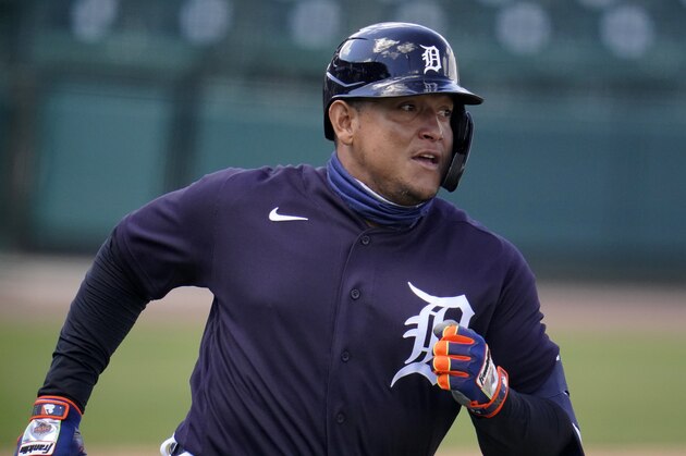Detroit Tigers' Miguel Cabrera runs to first base after singling of New York Yankees starting pitcher Deivi Garcia during the second inning of a spring training exhibition baseball game at Joker Marchant Stadium in Lakeland, Fla., Tuesday, March 9, 2021. (AP Photo/Gene J. Puskar