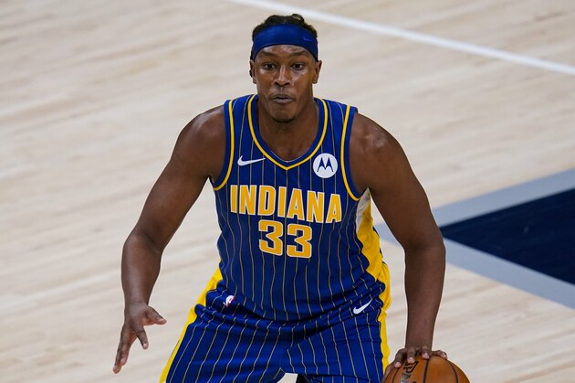 Indiana Pacers center Myles Turner (33) plays against the Chicago Bulls during the second half of an NBA basketball game in Indianapolis, Monday, Feb. 15, 2021. (AP Photo/Michael Conroy)