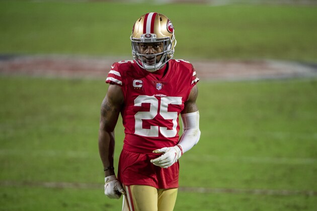 San Francisco 49ers cornerback Richard Sherman (25) looks on during an NFL football game against the Washington Football Team, Sunday, Dec. 13, 2020, in Glendale, Ariz. (AP Photo/Jennifer Stewart)