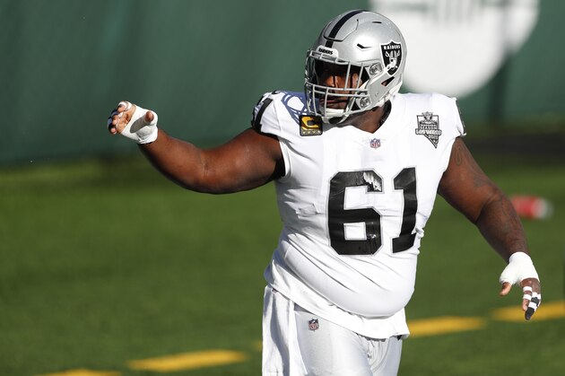 Las Vegas Raiders' Rodney Hudson (61) before an NFL football game, Sunday, Dec. 6, 2020, in East Rutherford, N.J. (AP Photo/Noah K. Murray)