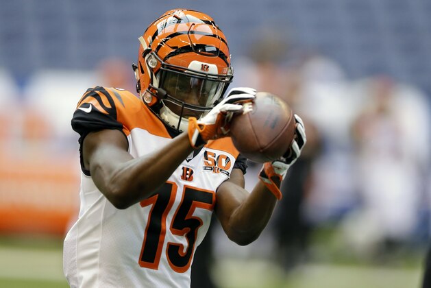 Cincinnati Bengals wide receiver John Ross warms up before a preseason NFL football game against the Indianapolis Colts in Indianapolis, Thursday, Aug. 31, 2017. (AP Photo/Michael Conroy)