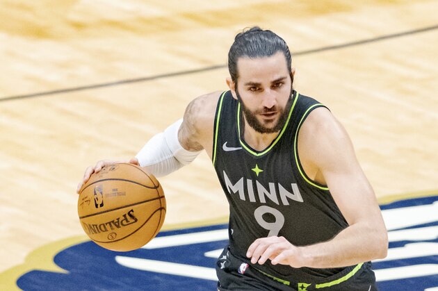 Minnesota Timberwolves guard Ricky Rubio (9) dribbles in the first half of an NBA basketball game in New Orleans, Thursday, March 11, 2021. (AP Photo/Matthew Hinton)