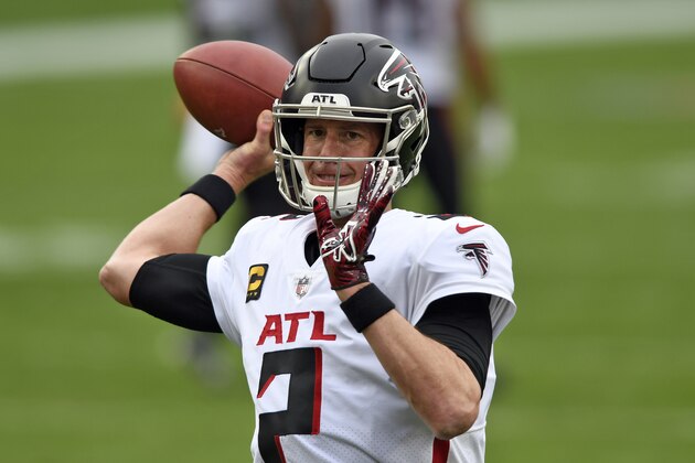 Atlanta Falcons quarterback Matt Ryan (2) throws a pass before an NFL football game against the Tampa Bay Buccaneers Sunday, Jan. 3, 2021, in Tampa, Fla. (AP Photo/Jason Behnken)