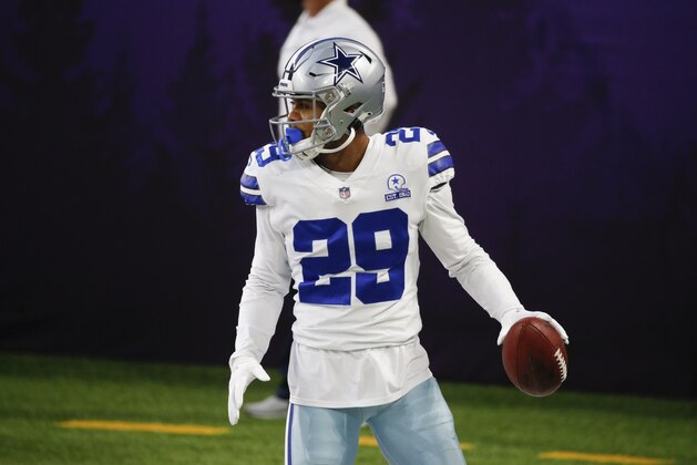 Dallas Cowboys cornerback C.J. Goodwin warms up before an NFL football game against the Minnesota Vikings, Sunday, Nov. 22, 2020, in Minneapolis. (AP Photo/Bruce Kluckhohn)