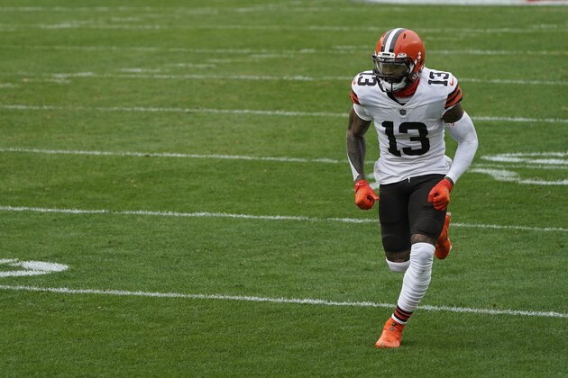 Cleveland Browns wide receiver Odell Beckham Jr. (13) in action during an NFL football game against the Pittsburgh Steelers, Sunday, Oct. 18, 2020, in Pittsburgh. (AP Photo/Justin Berl)