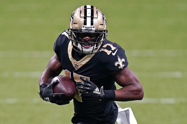 New Orleans Saints wide receiver Emmanuel Sanders (17) runs in the second half of an NFL football game against the Kansas City Chiefs in New Orleans, Sunday, Dec. 20, 2020. (AP Photo/Butch Dill)