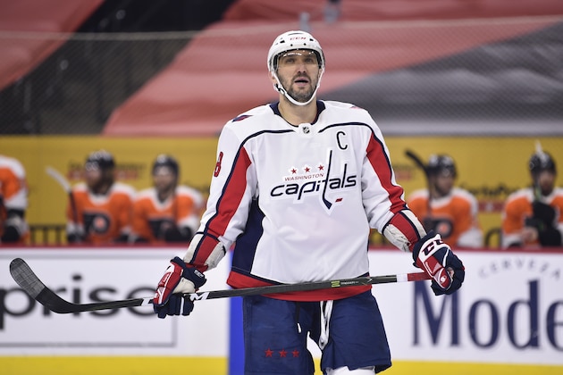 Washington Capitals' Alex Ovechkin in action during an NHL hockey game against the Philadelphia Flyers, Thursday, March 11, 2021, in Philadelphia. (AP Photo/Derik Hamilton)