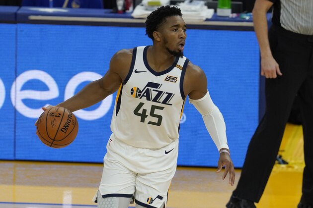 Utah Jazz guard Donovan Mitchell (45) against the Golden State Warriors during an NBA basketball game in San Francisco, Sunday, March 14, 2021. (AP Photo/Jeff Chiu)
