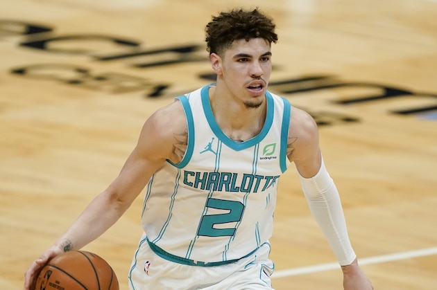 Charlotte Hornets guard LaMelo Ball plays against the Sacramento Kings during the second half of an NBA basketball game on Monday, March 15, 2021, in Charlotte, N.C. (AP Photo/Chris Carlson)