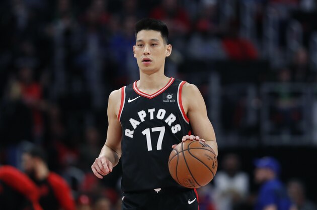 Toronto Raptors guard Jeremy Lin brings the ball up court during the first half of an NBA basketball game, Sunday, March 17, 2019, in Detroit. (AP Photo/Carlos Osorio)