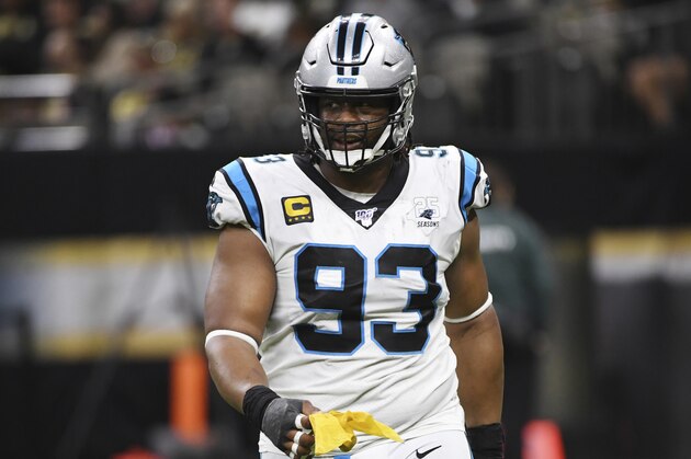 Carolina Panthers defensive tackle Gerald McCoy (93) picks up a penalty flag, during the second half at an NFL football game against the New Orleans Saints, Sunday, Nov. 24, 2019, in New Orleans. (AP Photo/Bill Feig)